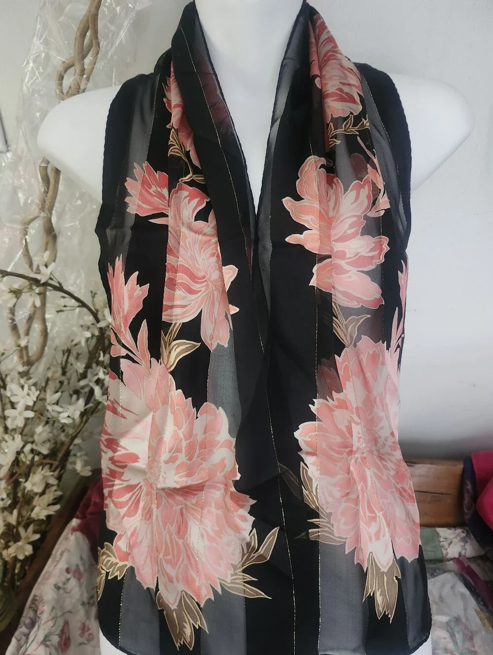 Vtg Sheer Black Floral Silk Scarf with Pink Bloom Print